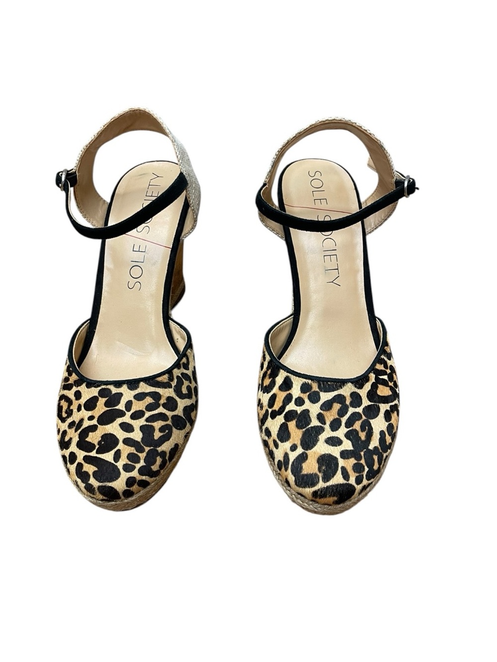 Sole Society 9 Leopard Cow Hair Espadrille Wedge Sandals Ankle Strap